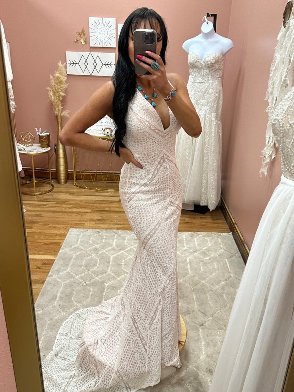 NWT Blush Ivory Lace Boho Mermaid Wedding Dress L - Picture 4 of 11